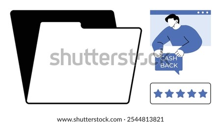 Man holding a cash back sign, next to a black and white folder and a five-star rating in blue. Ideal for financial services, customer reviews, savings programs, user feedback, online services. Clean