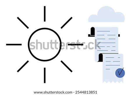 Sun with rays next to cloud above rolled documents symbolizes clarity. Ideal for presentation, document approval, cloud storage, project tracking, and weather forecast. Clean minimalist style