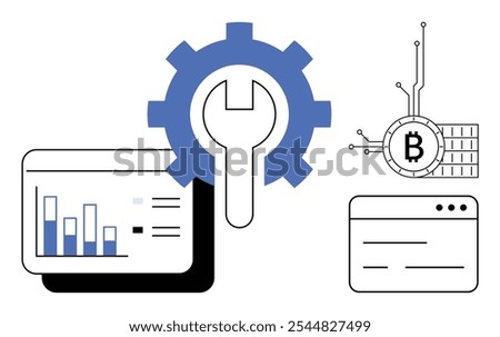 Large blue gear with wrench, graphs in window, Bitcoin symbol with circuit connections, and web elements. Ideal for technology, finance, blockchain, cryptocurrency, data analysis. Modern flat style