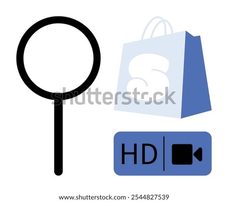 Magnifying glass, shopping bag with letter S, and HD video camera symbol. Ideal for online shopping, search optimization, video quality, e-commerce, digital marketing. Minimalist vector style