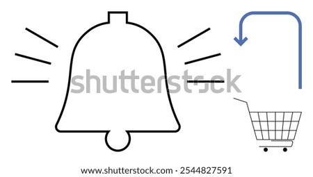 A bell icon with three lines indicating sound on the left. To the right is a curved blue arrow pointing towards a shopping cart. Ideal for online shopping, notifications, alerts, sales, and user