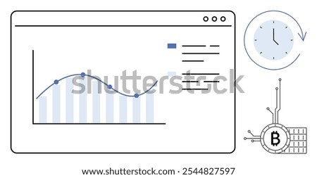 A window displaying a line chart with data points a clock icon, and a Bitcoin symbol on a white background. Ideal for financial analysis, cryptocurrency monitoring, blockchain technology, investment