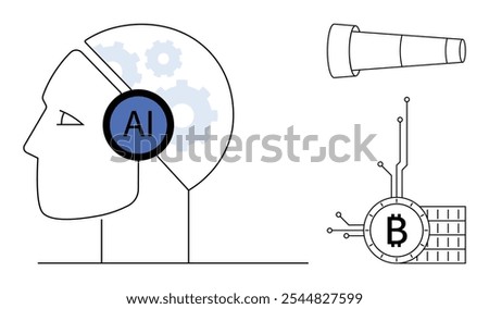 Gear-filled human head labeled AI, telescope, and blockchain-connected Bitcoin symbol. Ideal for technology, future, cryptocurrency, blockchain, and artificial intelligence themes. Minimalistic style