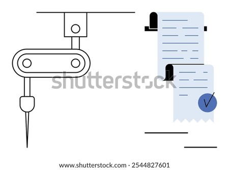 A robotic arm in black lines operates next to a double-layered blue receipt with a checkmark. Ideal for automation, robotics, mechanical processes, industrial technology, and quality assurance