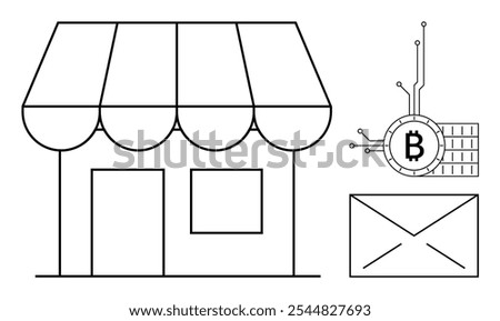 A storefront with an awning and door in a minimalist style, accompanied by a Bitcoin symbol connected to circuitry and an envelope icon. Ideal for e-commerce, retail, digital currency, technology