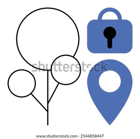 Minimalistic drawing of a circular tree outline in black surrounded by two smaller circles and a blue padlock and location pin. Ideal for nature, security, navigation, simplicity, technology. Modern