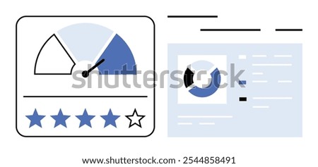 Speedometer gauge and star rating system represent customer satisfaction or performance. Accompanied by pie chart and text blocks indicating detailed analysis or review comments. Ideal for