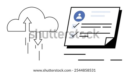 Cloud with arrows pointing up and down visualizes data transfer adjacent document showcases checklist with user avatar. Ideal for data management, cloud computing, digital documentation, tech