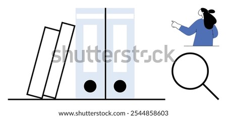 Two tilted folders next to two upright folders, a magnifying glass, and a person pointing. Ideal for organization productivity office work document management and research themes. Simple modern style