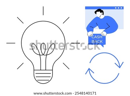 A light bulb, a person holding a cash back sign, and circular arrows. Ideal for business, finance, innovation, savings, and customer rewards. Simple modern vector style