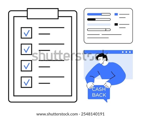 A clipboard with a checklist, a dashboard with analytic bars, and a person holding a cash back sign. Ideal for task management, data analysis, financial rewards, productivity, and financial benefits