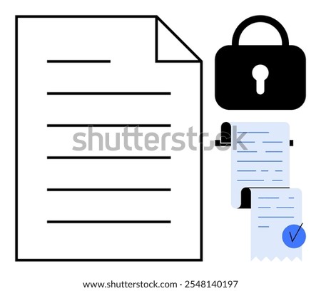 Large paper document with text lines, a lock icon, and two blue receipts with checkmarks. Ideal for data protection, secure documentation, financial transactions, confidentiality, online privacy