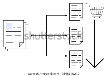 Shopping concept. Multiple document sheets are linked to a shopping cart through connecting lines and arrows. Ideal for content management, e-commerce, data organization, flowcharts, and business