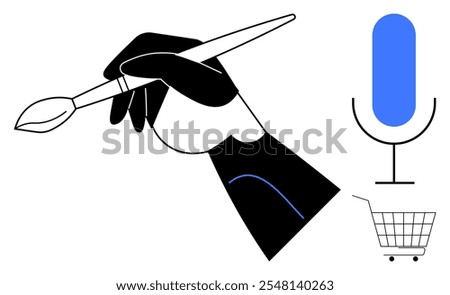 A hand holding a paintbrush is surrounded by a blue microphone and shopping cart. Ideal for creative arts, online shopping, communication, digital marketing, and multimedia themes. Vector style