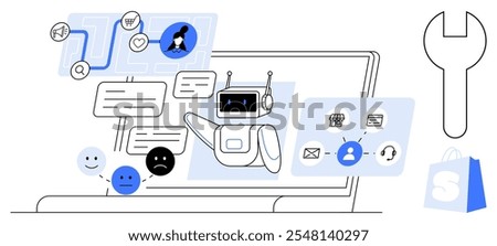 Robot with speech bubbles on laptop with various icons for chat. Ideal for online customer service, e-commerce, AI technology, digital marketing, chatbot systems. Minimalist vector style