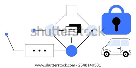 Minimalistic diagram shows interconnected elements including security lock, car, and nodes with data-sharing icons Ideal for technology, cybersecurity, automotive, data integration, and IoT themes