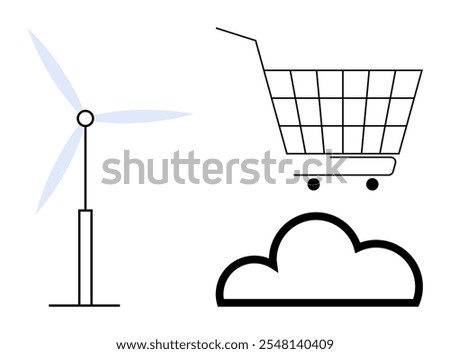 A wind turbine stands next to a cloud with a shopping cart on top indicating concepts of renewable energy and cloud-based shopping. Ideal for sustainability, renewable energy, e-commerce, cloud