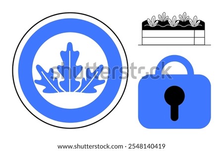 A circular badge with a leaf symbol, a secure lock, and a garden bed with plants. Ideal for nature, security, gardening, emblems, and environmental themes. Simple design style using blue and black