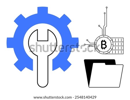 Large wrench inside blue gear, bitcoin symbol with circuit lines, and open folder. Ideal for technology, finance, software maintenance, cryptocurrency, and data management contexts. Modern, clean