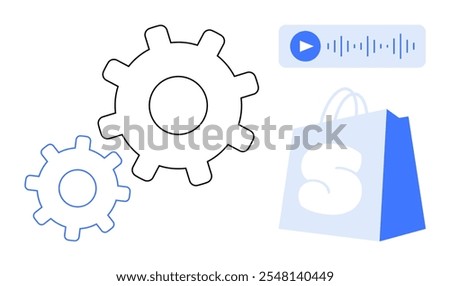 Two gears alongside a shopping bag and an audio waveform with play button ideal for themes like technology e-commerce innovation shopping and multimedia in a minimalistic vector style. Colours are