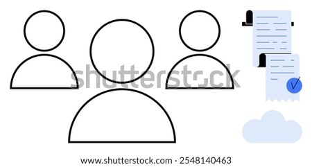 Three outlined human figures next to documents with a check mark and a cloud. Ideal for teamwork, collaboration, document sharing, cloud storage, and productivity. Simple modern style