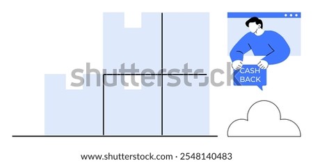 Large boxes stacked in a neat arrangement with a person holding a cash back sign in an online window. Ideal for e-commerce, online shopping, logistics, inventory management, and customer incentives