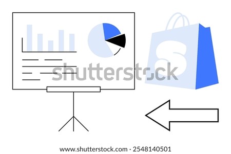 A presentation board featuring bar graphs and pie chart stands on a tripod while a shopping bag is beside it. An arrow points left. Ideal for business reports, sales analysis, retail marketing, data