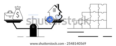 Scale balancing money with health and home, plus sign, puzzle pieces indicating problem-solving and planning. Ideal for financial planning, mental wellness, work-life balance, home management