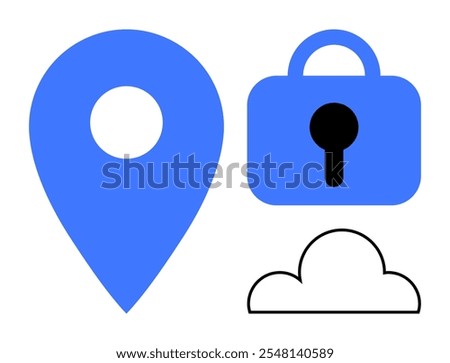 Large blue location pin icon beside a blue lock with a black keyhole and a simple line-drawn cloud. Ideal for themes like cybersecurity cloud computing privacy data protection and navigation