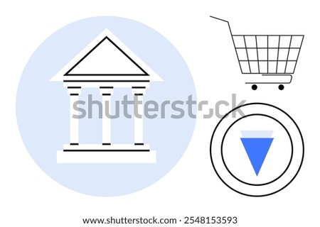 Bank building with columns, shopping cart, and download button with arrow are visible. Ideal for financial services, online shopping platforms, user interface design, digital downloads promotion