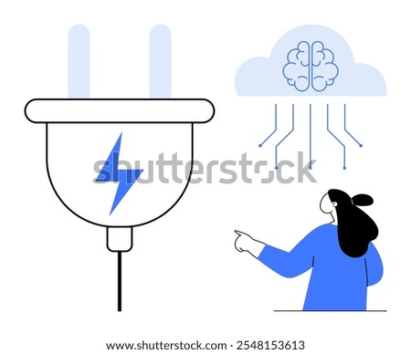 Woman pointing at cloud brain and large plug with a lightning bolt. Ideal for technology, artificial intelligence, smart devices, innovation, and electrical energy. Clean and modern style