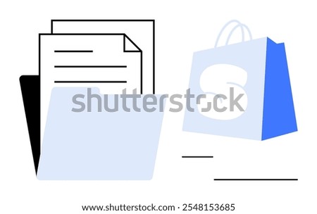 Papers are stacked with a file folder next to a blue shopping bag with an S logo. Ideal for business, organization, e-commerce, online shopping, and digital transactions. Modern minimal style