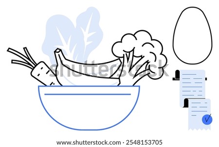 Bowl filled with carrot, banana, broccoli and leafy greens highlights nutrition and diet themes. Includes checklist and abstract oval shape. Ideal for health, wellness, meal planning, nutrition