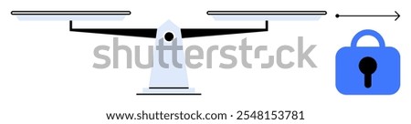 A balanced scale with a lock on the right side, featuring minimalist, clean line art. Ideal for themes such as security, fairness, balance, equality, and protection. Style is minimalist, modern