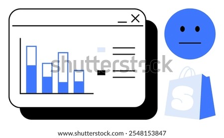 Graph with four vertical blue bars and a list, a round blue face icon with a neutral expression, and a blue shopping bag with S letter. Ideal for e-commerce, data analysis, customer feedback