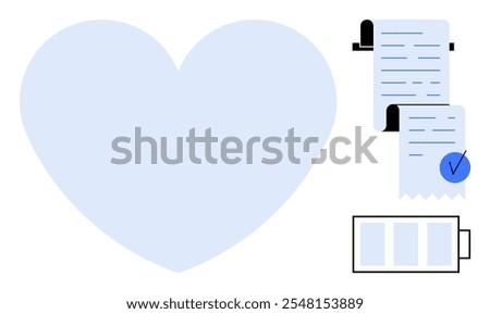 Large blue heart shape alongside two checklist documents with a blue checkmark and a partially charged battery icon. Ideal for healthcare, productivity, energy management, love, task organization