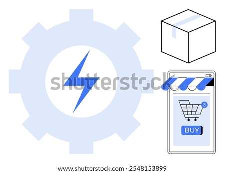 Blue lightning bolt inside a gear, a cardboard box, and a mobile phone with a shopping cart icon and blue buy button. Ideal for ecommerce, online shopping, fast delivery, technology, and mobile apps