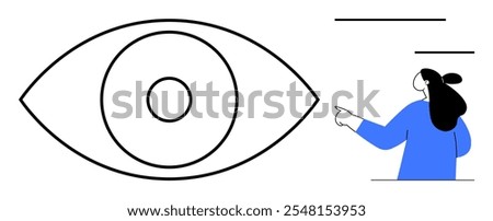 Large outlined eye on left and person in blue pointing on right with alignment bars at top and bottom. Ideal for design, education, vision concepts, presentations, and minimalistic themes. Simple