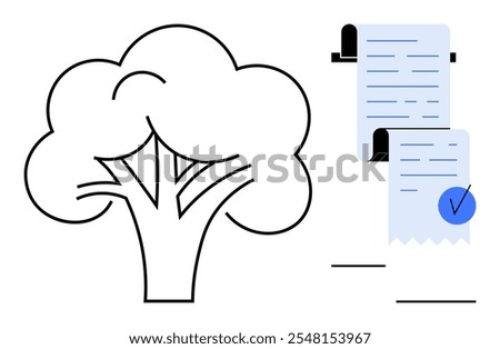 Simple line art with a tree and checklist. Ideal for environmental awareness, sustainability initiatives, eco compliance, green projects, and conservation efforts. Minimalist modern style