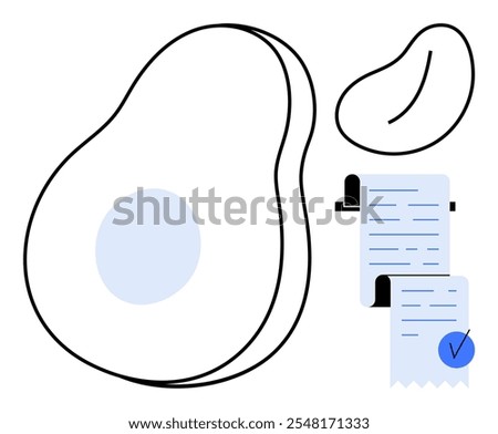 An outline of an avocado with a pit and a bean, accompanied by two receipts and a checkmark symbol. Ideal for healthy eating, grocery shopping, meal planning, nutrition tracking, and minimalist