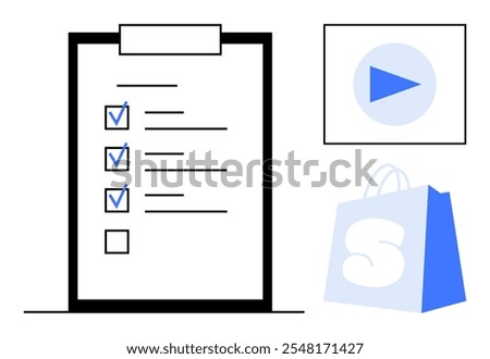 A clipboard with a checklist, a blue play button icon, and a shopping bag with the letter S. Ideal for productivity, organization, shopping, multitasking, and multimedia. Clean, modern, minimalist