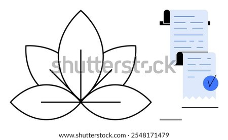 Simple line drawing of a lotus flower next to documents with checkmarks. Ideal for wellness, mindfulness, organization, planning, and minimalism themes. Modern and clean design style