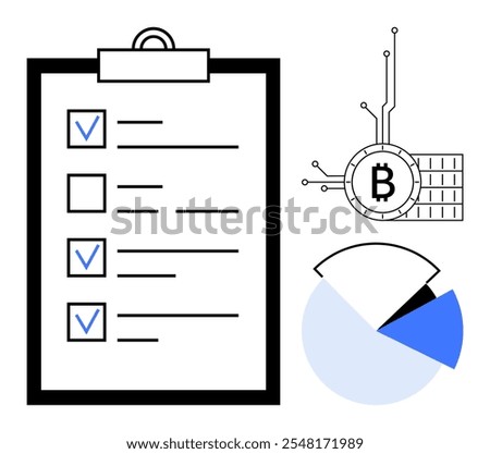 A clipboard with a checklist featuring three checked boxes and one unchecked box is next to a Bitcoin symbol with circuit lines and a pie chart. Ideal for organization, productivity, fintech