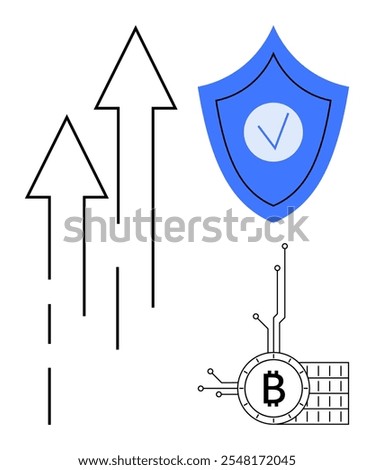 Three upward arrows, a blue shield with a checkmark, and a Bitcoin symbol. Ideal for cryptocurrency growth, blockchain security, financial trends, digital finance, and investment success. Simple