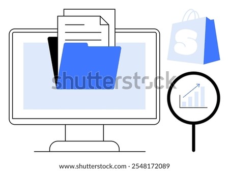 Monitor displaying a file folder, multiple documents, a rising bar graph in a magnifying glass, and a shopping bag. Ideal for productivity, data analysis, online shopping, file organization, digital