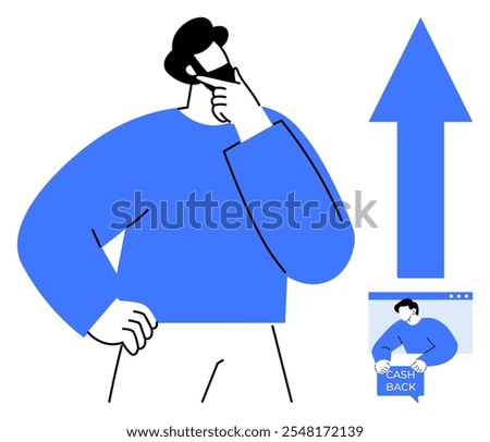 Thoughtful person with a hand on the chin in blue and white theme beside an upward arrow and a small illustration of cash back. Ideal for finance, savings, business growth, decision-making