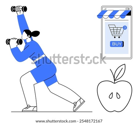 A person lifting dumbbells in a lunge position, an online shopping cart on a smartphone, and an apple. Ideal for fitness online shopping healthy living wellness and e-commerce. Minimalist vector