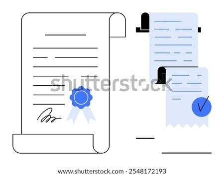 Signed certificate with blue ribbon next to two receipts, one highlighted with a verified checkmark. Ideal for legal documents, business transactions, certifications, receipts, and verification