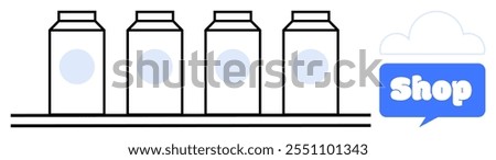 Four milk cartons aligned on a shelf with a speech bubble icon containing the word shop on the right. Ideal for grocery stores, e-commerce, packaging design, product marketing, and retail displays