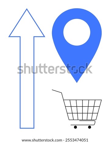 Blue arrow pointing up, location pin, and shopping cart in black outline representing navigation, location, and shopping. Ideal for delivery, online shopping, e-commerce, maps, and retail themes